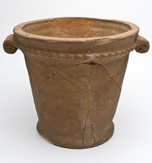 Pottery flowerpot, with two curled handles and serrated edge, flower pot holder earth discovery ceramic earthenware, hand-turned