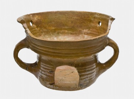 Pottery stove or stove, mortar model with two standing ears, chafing soil found ceramic earthenware glaze lead glaze, hand
