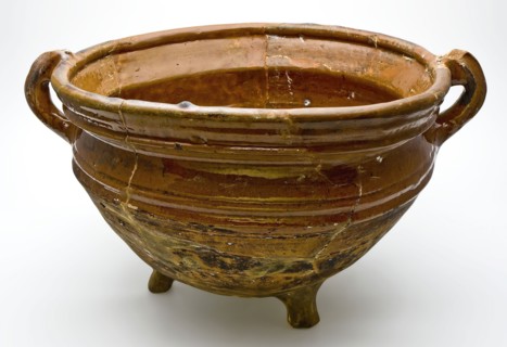 Pottery cooking pot, large format, half round on three legs, two ears, cooking pot crockery holder kitchen utensils earthenware