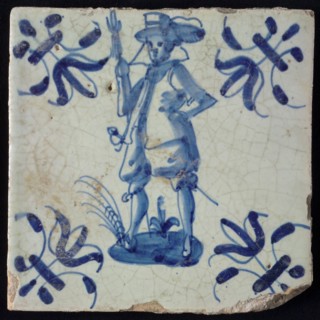White tile with blue warrior, corner pattern lily, wall tile tile sculpture ceramic earthenware glaze, baked 2x glazed painted