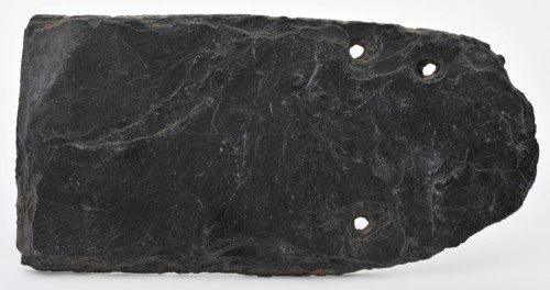 Gray roof with three fixing holes, oblong with round top, roof slab construction material soil find slate stone, chopped drilled
