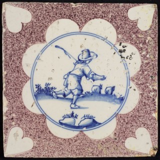 Figure tile, purple sprinkled tile, running shepherd and sheep, corner motif heart, wall tile tile sculpture ceramic earthenware