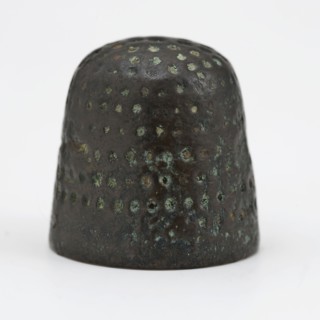 Copper molded thimble with smashed pits, thimble sewing kit soil find copper metal, cast Copper molded thimble head