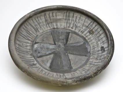 Earthenware bowl on stand surface, gray shard, stripe and cross decor in dark gray, dish crockery holder soil find ceramic