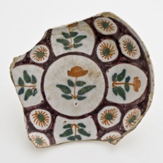 Faience dish with polychrome decor on white fond, small size, flowers in purple frame, plate dish crockery holder soil find