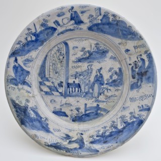 Faience plate with blue decor, Chinese figures in the mirror and on the edge, dish crockery holder soil find ceramic earthenware