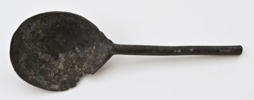 Hendrick Jongelingh?, Spoon with round handle and egg-shaped container, spoon cutlery soil find tin metal, w container 6.0