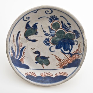 Small faience dish on stand, polychrome decor, flowers and birds, dish plate crockery holder soil find ceramic earthenware glaze