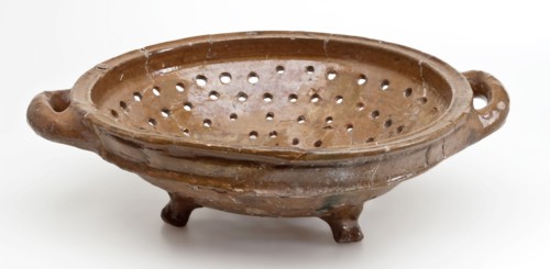 Pottery colander, cup-shaped on three legs, red shard, glazed, colander kitchen utensils equipment soil finds ceramics