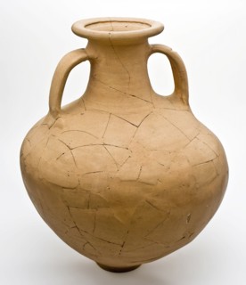 Tall jar, amphora with spherical body on small standing surface, two long, wide ears, amphora jug holder found bottom ceramics