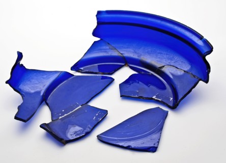 Three fragments of glass bowl, dark blue cobalt glass, floating bowl, dish vessel holder fragment soil found glass h 5.6, molded