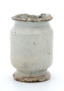 Pottery ointment jar, cylindrical with two notches, on base, glazed white, ointment jar pot holder soil find ceramic earthenware