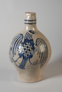 Stoneware jug be with large blue eagle on the belly, crockery holder soil find ceramic stoneware glaze salt glaze, hand turned