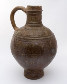 Large stoneware bullet, big ear, brown glazed, decorated with floral motifs, medallions, Bullet pewter jug crockery holder soil