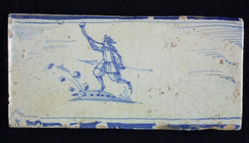 Border tile, blue, man with spear and horn, edge tile wall tile tile sculpture ceramic earthenware glaze, baked 2x glazed