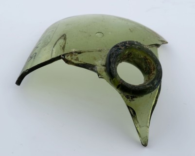Two fragments of green square bottle, piece of shoulder with neck opening, bottom, bottle holder soil find glass bottom, free