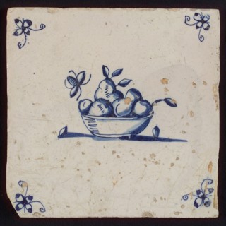 White tile with blue fruit basket with insect, corner motif spider, wall tile tile sculpture ceramic earthenware glaze, baked 2x