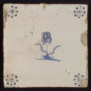 White tile with blue flower, orchid, corner motif spider, wall tile tile sculpture ceramic earthenware glaze, baked 2x glazed