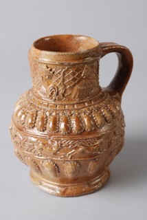 Cologne stoneware bullet belly with band with deers and dogs embossed over the belly, Bullet pewter jug crockery holder soil