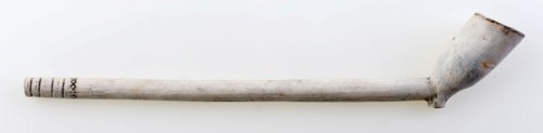 Clay pipe with simple band decoration on stem, clay pipe smoking equipment smoke floor pottery ceramics pottery, pressed