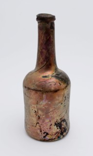 Green cylindrical bottle, gold iridescent, bottle holder soil find glass, free blown and shaped glass application Small