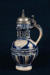Westerwald stoneware fopkan, pichet trompeur, puzzle jug with ajour neck, kerbschnitt and tin lid, fopkan, pichet trompeur