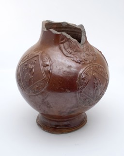 Bartmann jug, also called Bellarmine jug with three medallions with woman figure in rhomb, along which cherubs, Bartmann jug