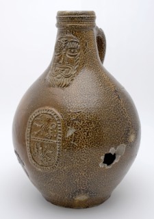 Brown speckled Bartmann jug, also called Bellarmine jug, under beard mask in oval two mythical animals, Bartmann juggejug