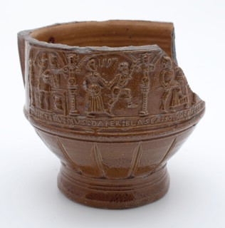 Fragment of stoneware peasant wicker with writing and dance pairs under arcades in frieze, dated, farmer's pitcher crockery
