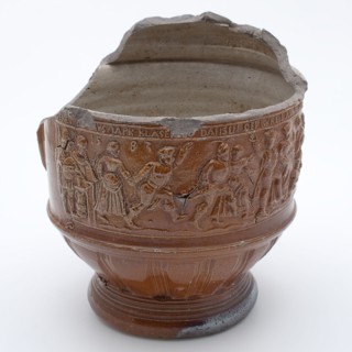 Stoneware peasant jew (fragment), fringe above the decorated frieze, dated, farmer's pitcher tableware holder fragment soil find