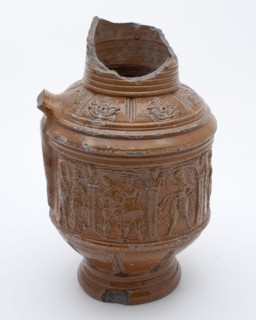 Musketeer jar, brown stoneware with high frieze, in which arcades and musketeers, musketeer jar jug crockery holder ground find