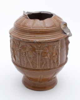Brown stoneware musketeers jar, around belly musketeers under arcade in high frieze, musketeer jar jug crockery holder soil find