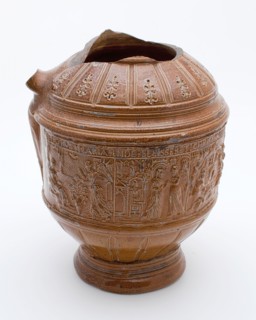 Brown stoneware jug, round belly frieze with biblical scenes, the Christmas story, jug crockery holder soil find ceramic