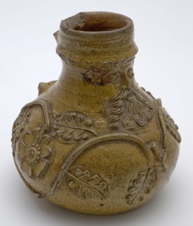 Bartmann jug, also called Bellarmine jug, stocky model, Bartmann jug, also called Bellarmine jug, mask and oak leaves, tendrils