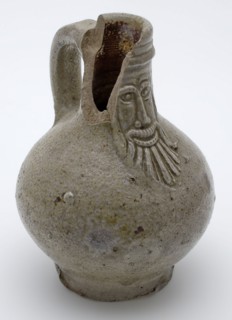 Gray Bartmann jug, also called Bellarmine jug, small model, beard masonry vessel holder soil find ceramic stoneware glaze salt