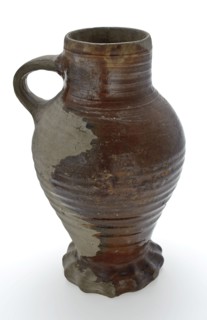 Stoneware jug be on pinched foot, ovoid with cylindrical neck, partly brown loam glaze, jug crockery holder soil find ceramic