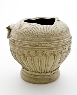 Gray stoneware jug be used with round middle belly cable edge, kerfsnedecor and flutes, jug crockery holder soil found ceramic