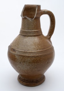 Stoneware jug stand on foot, ovoid with three bands of rotations, jug crockery holder soil find ceramic stoneware glaze salt