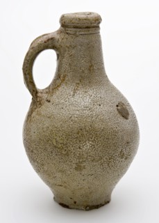 Gray stoneware jug with band ear and tail, ball-shaped model, jug crockery holder soil find ceramic stoneware glaze salt glaze h