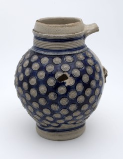 Stoneware bell jar on standing foot completely covered with small appliqués, rosettes, jug crockery holder soil find ceramic