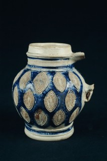 Stoneware bell jar on standing foot completely covered with pointed appliqués, Bullet pewter jug crockery holder soil find