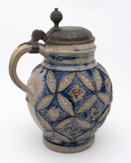 Stoneware jug from Westerwald with tin lid on which AW, Bullet pewter jug crockery holder soil find tin ceramics stoneware glaze