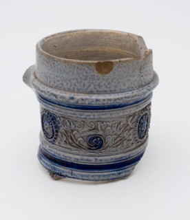 Neck fragment of stoneware jug with ear starter, frieze with three masks, jug crockery holder soil find ceramic stoneware glaze