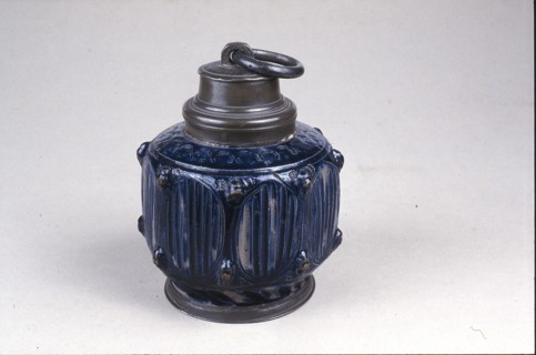 Blue stoneware pot, octagonal with tin screw cap, pot jug crockery holder soil find tin ceramics stoneware glaze salt glaze