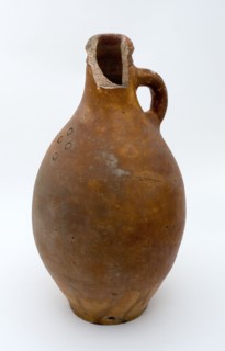 Stoneware jug marked with four stamped rosettes on shoulder, brown glazed, jug holder kitchen utensils earthenware ceramic