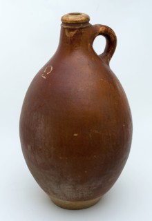 Stoneware jug with sausage ear, brown glazed, marked with stamp 2, jug holder soil find ceramic stoneware glaze salt glaze, hand