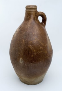 Large stoneware jug with brown brindled salt glaze, marked: 2, jug soil find ceramic stoneware glaze salt glaze, hand turned