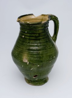 Pottery jug, with ear and shank, yellow and green, water jug crockery holder soil find ceramic earthenware glaze lead glaze