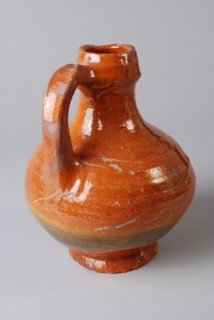 Earthenware jug on stand, ball-shaped model with scalloped ear, glazed, oil jug crockery holder soil find ceramic earthenware