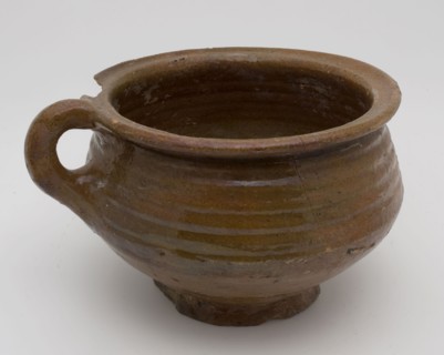 Pottery chamber pot, ease of use on stand, belly model with wide neck opening and standing ear, pot holder sanitary soil found